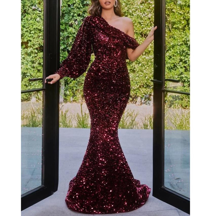 Style Wine Red Sequined & Velvet One Shoulder Sleeve Draped Ball Gown Adora Design  Size 10 Velvet Red Ball Gown on Queenly
