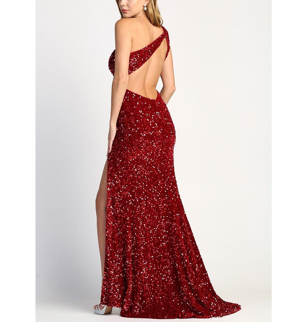 Style Adora Red Sequined & Velvet One Shoulder Sleeveless Side Slit Gown Adora Design  Size 8 Velvet Red Side Slit Dress on Queenly