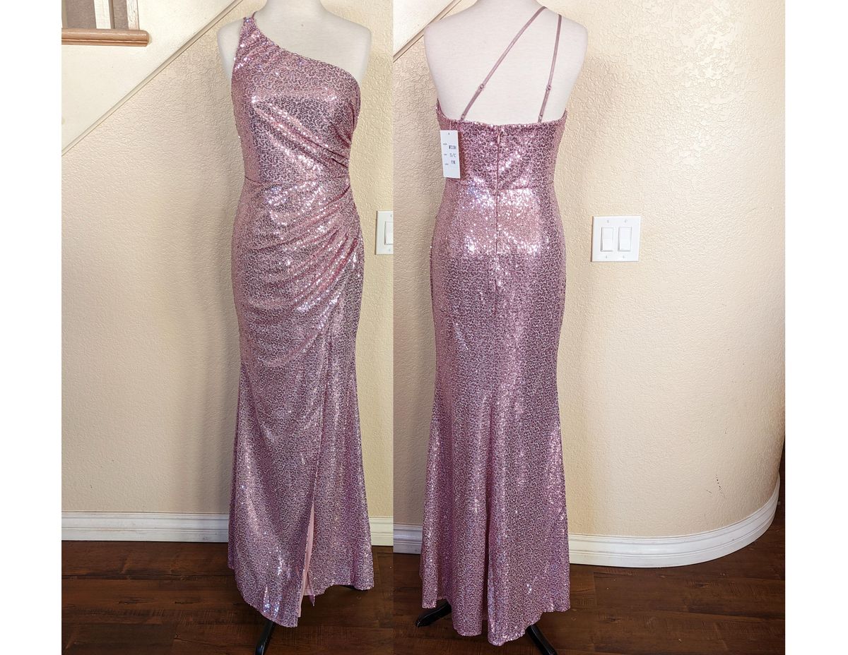 Style Mauve Sequined Sleeveless One Shoulder Ruched Side Slit Gown Maniju  Size 4 One Shoulder Purple Side Slit Dress on Queenly