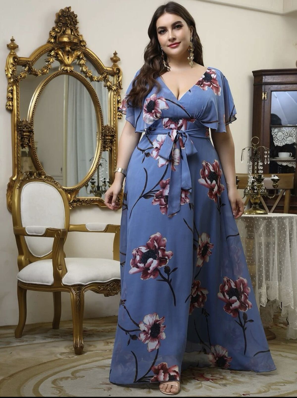 Plus Size 18 Bridesmaid Floral Light Blue Floor Length Maxi on Queenly