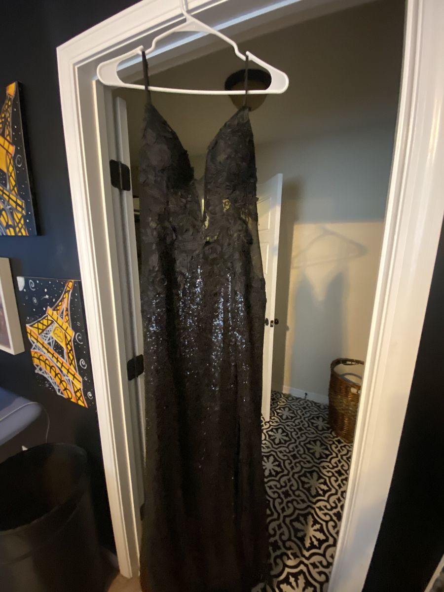 Jovani Size 10 Prom Plunge Lace Black Side Slit Dress on Queenly