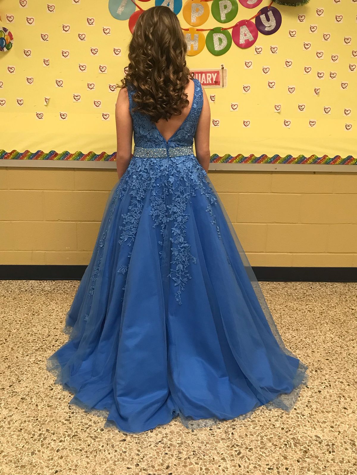 Jovani Size 4 Prom Plunge Lace Blue Ball Gown on Queenly