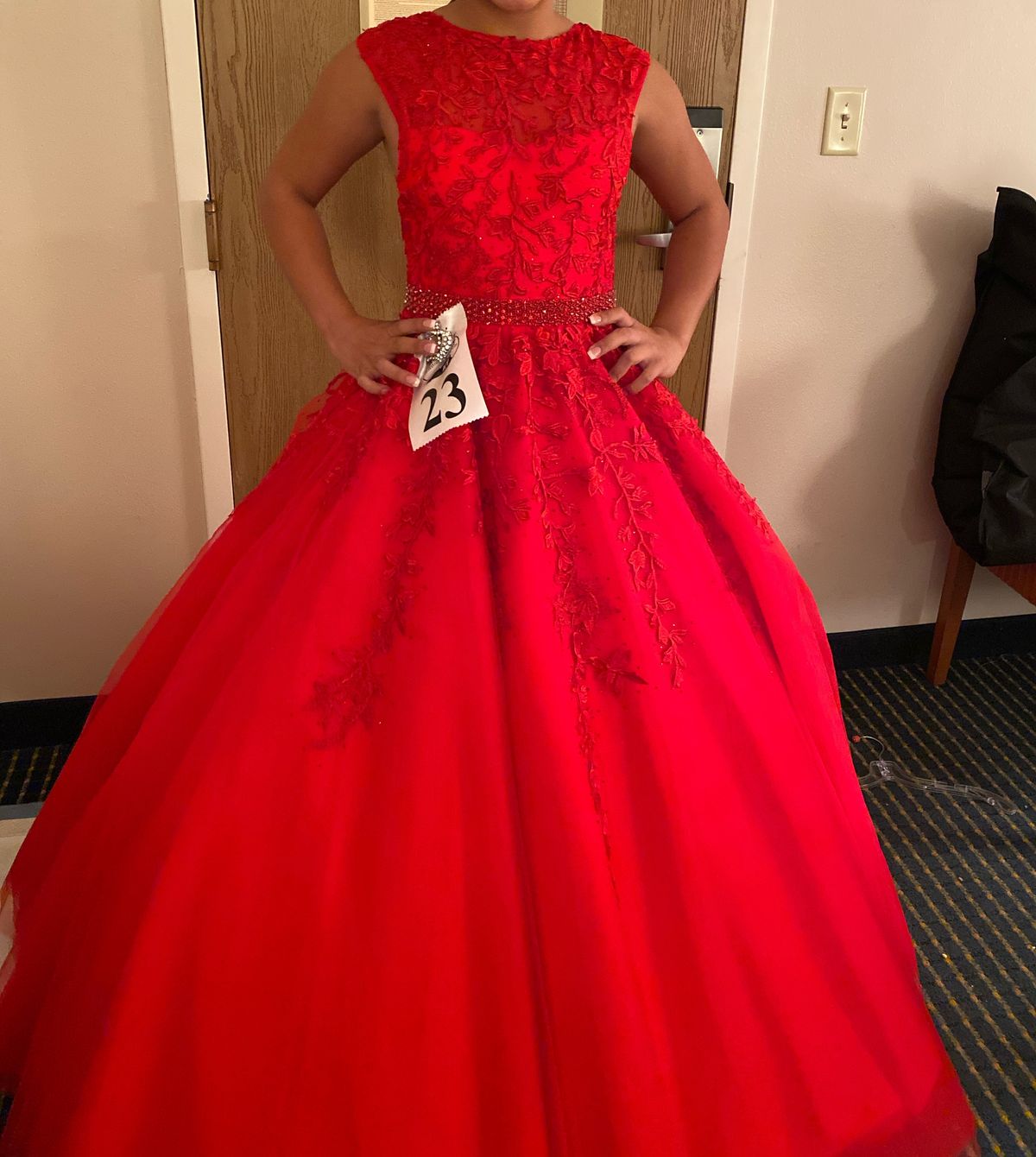 Sherri Hill Girls Size 14 Pageant High Neck Lace Red Ball Gown on Queenly