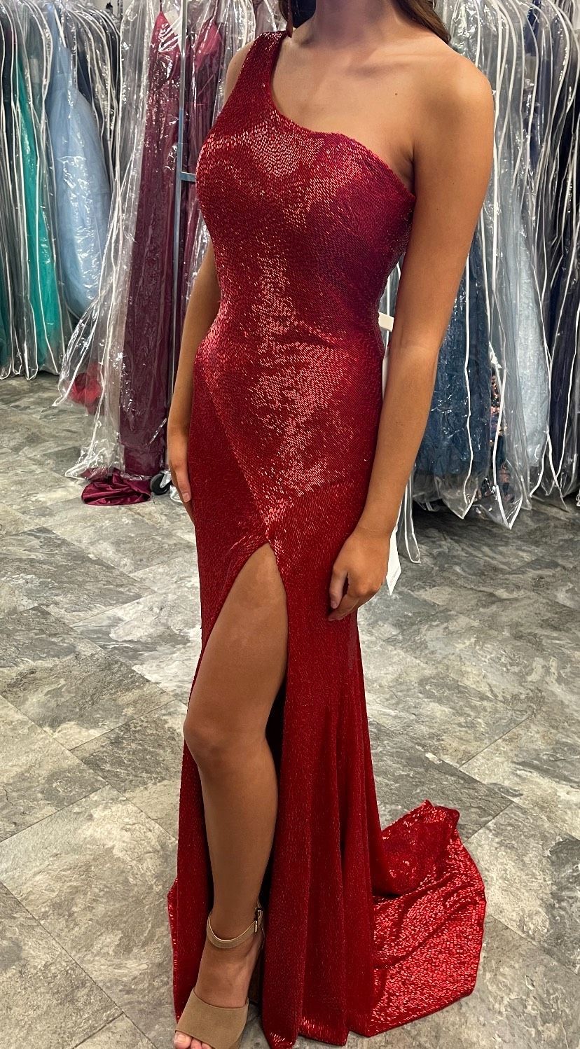 Ashley Lauren Size 2 Pageant One Shoulder Sequined Red Side Slit Dress on Queenly