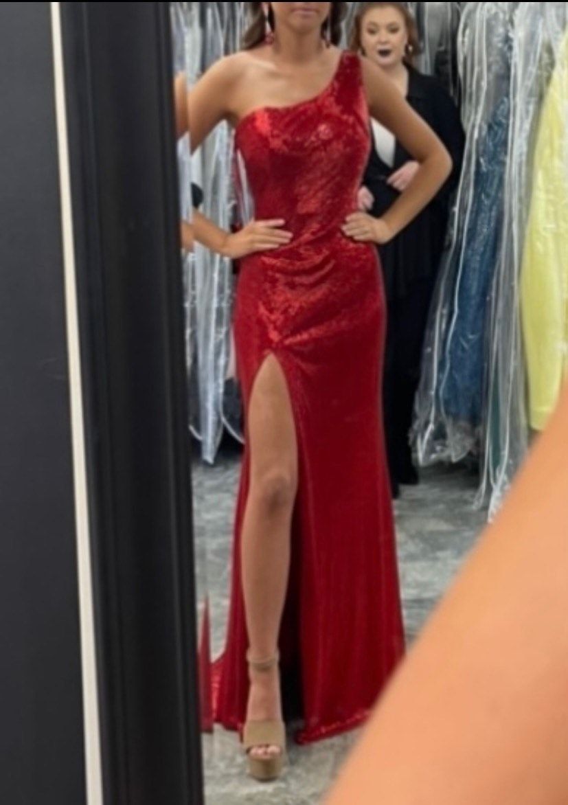 Ashley Lauren Size 2 Pageant Sequined Red Side Slit Dress on Queenly