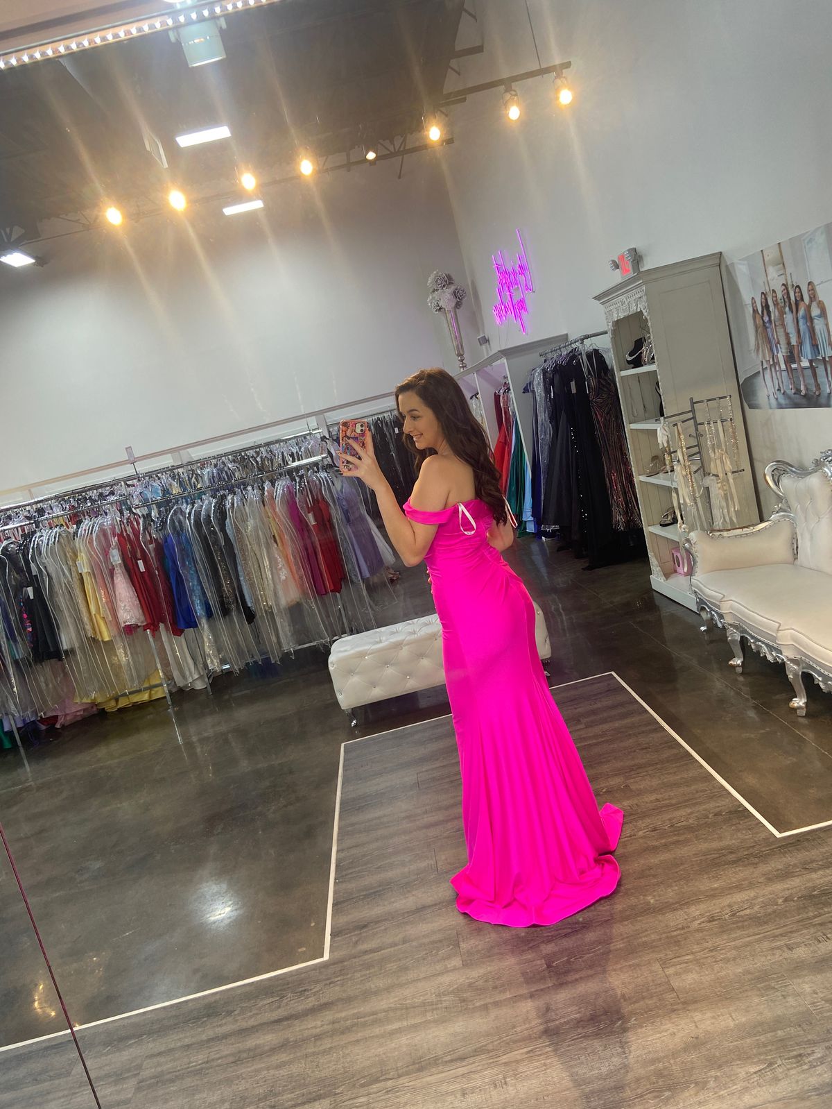 Jovani Size 4 Prom Off The Shoulder Satin Hot Pink Mermaid Dress on Queenly