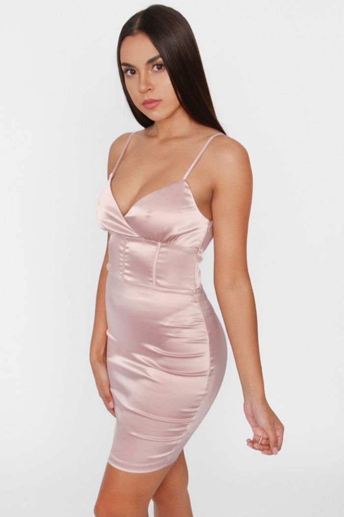 Style DH25382 Tic Toc Size 6 Homecoming Satin Light Pink Cocktail Dress on Queenly