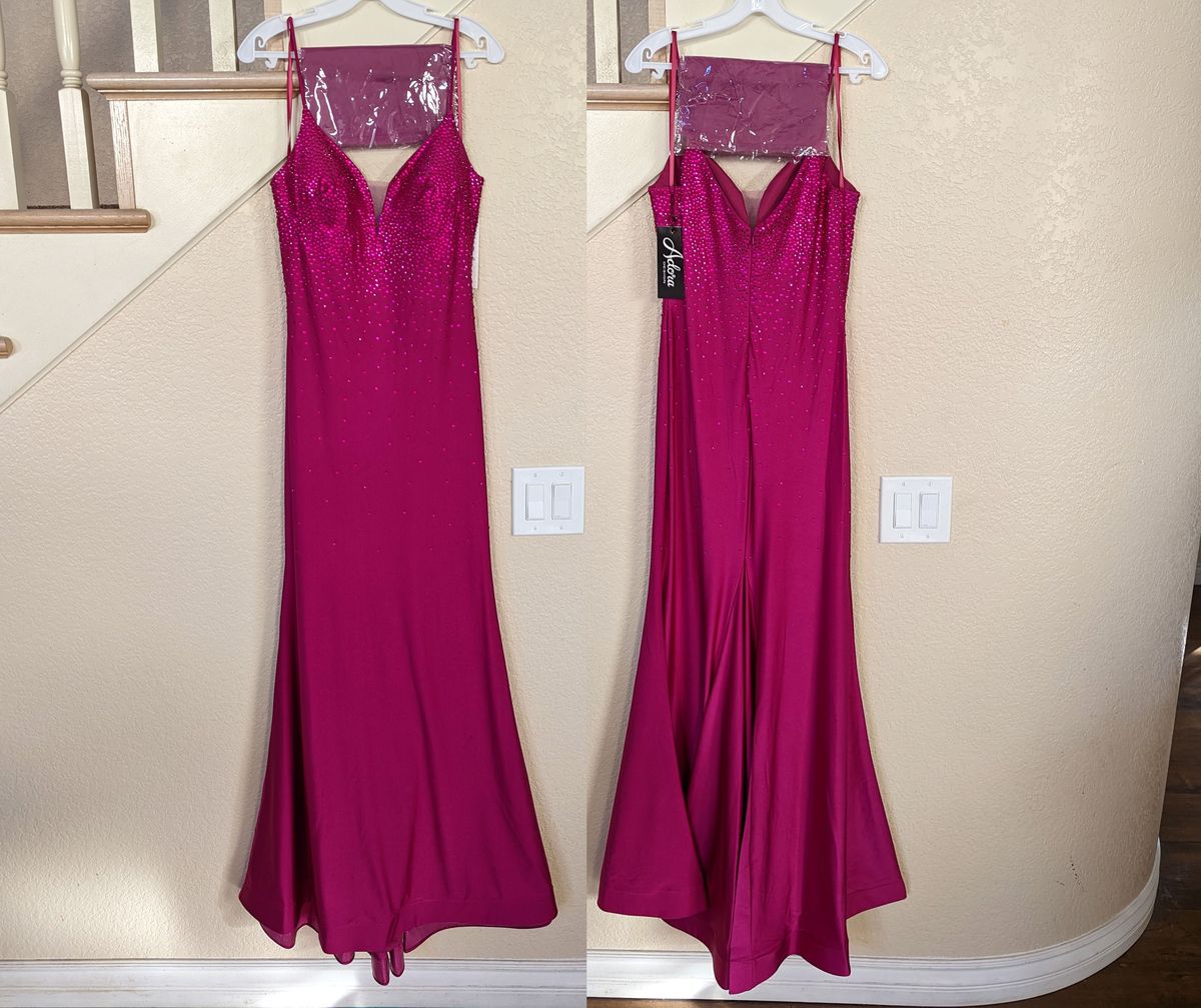 Style Fuchsia Rhinestone Plunge Neck Jersey Sleeveless Trumpet Gown Adora Design Size 8 Prom Plunge Sequined Hot Pink Mermaid Dress on Queenly