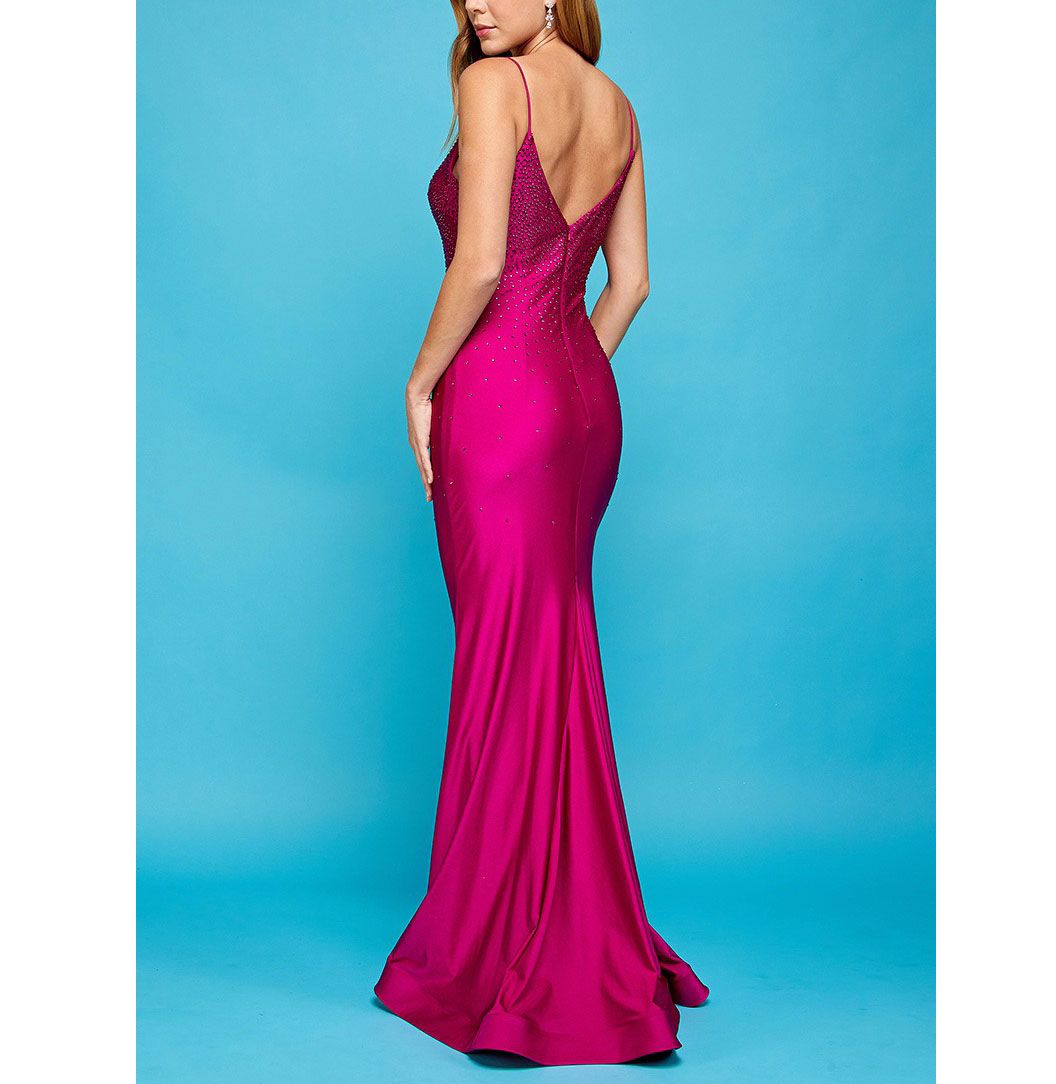 Style Fuchsia Rhinestone Plunge Neck Jersey Sleeveless Trumpet Gown Adora Design Size 8 Prom Plunge Sequined Hot Pink Mermaid Dress on Queenly