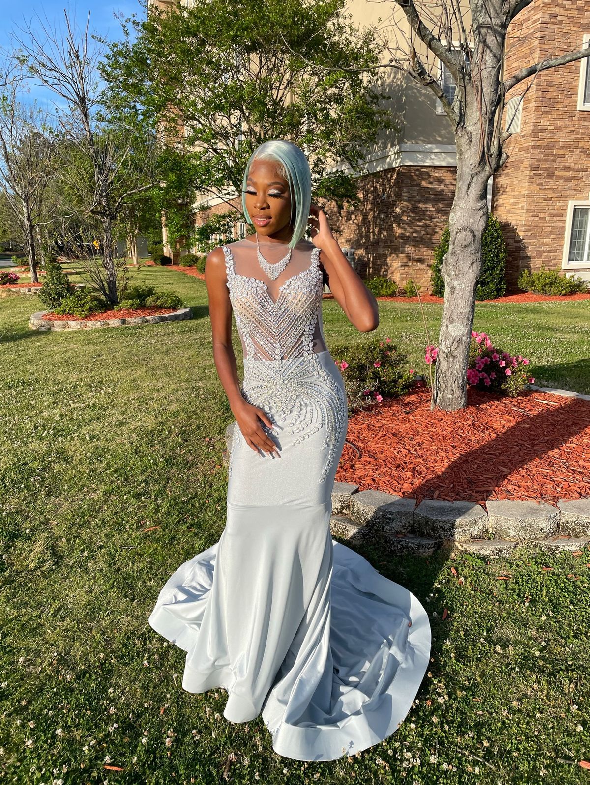 Size 4 Prom Silver Dress With Train on Queenly