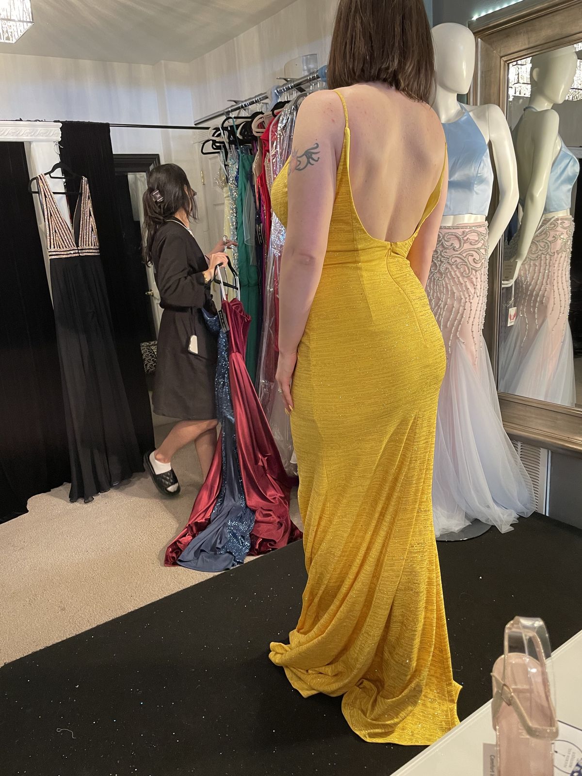 Jovani Size 4 Bridesmaid Plunge Yellow Side Slit Dress on Queenly