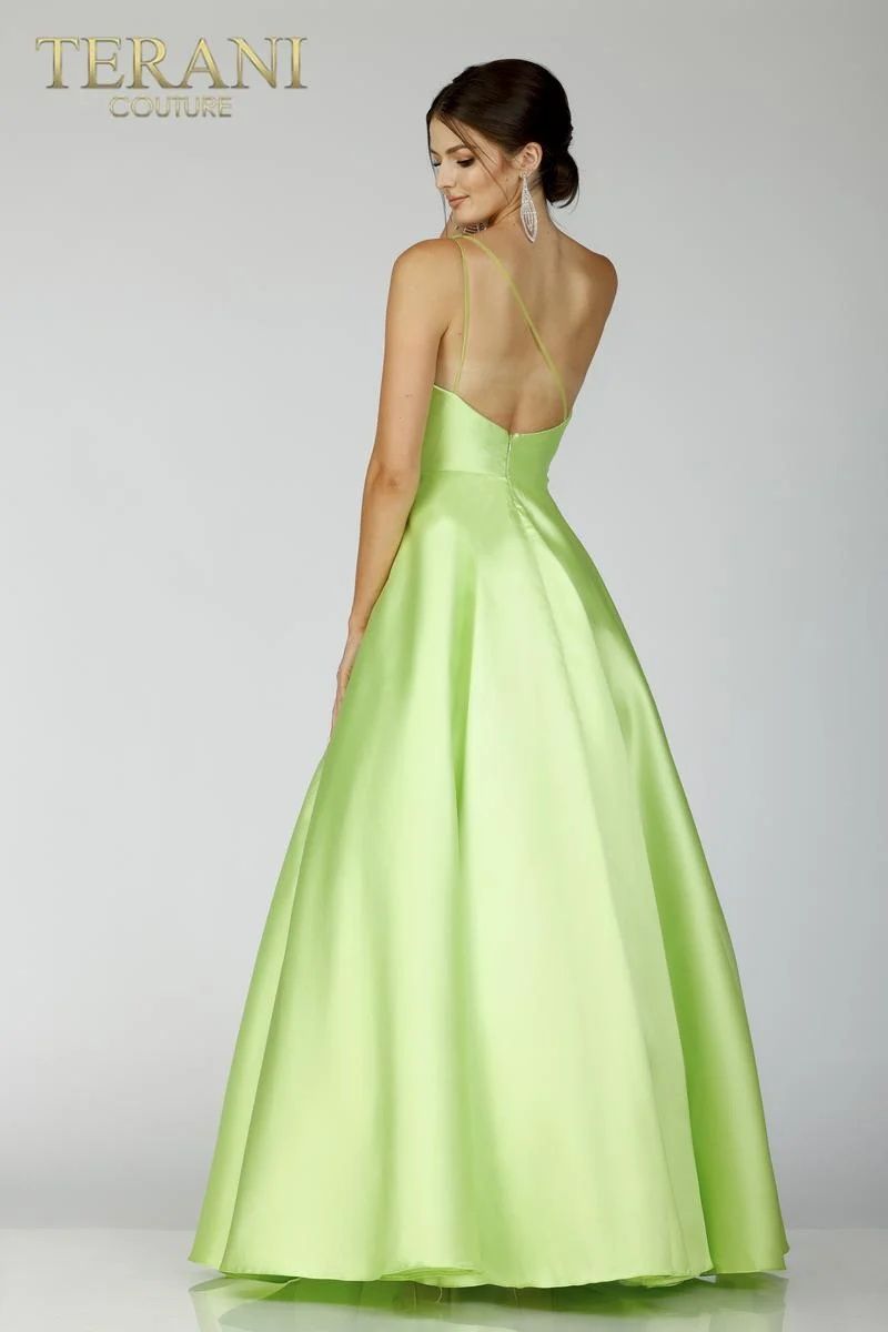 Style 231P0175 Terani Couture Size 10 One Shoulder Satin Green A-line Dress on Queenly