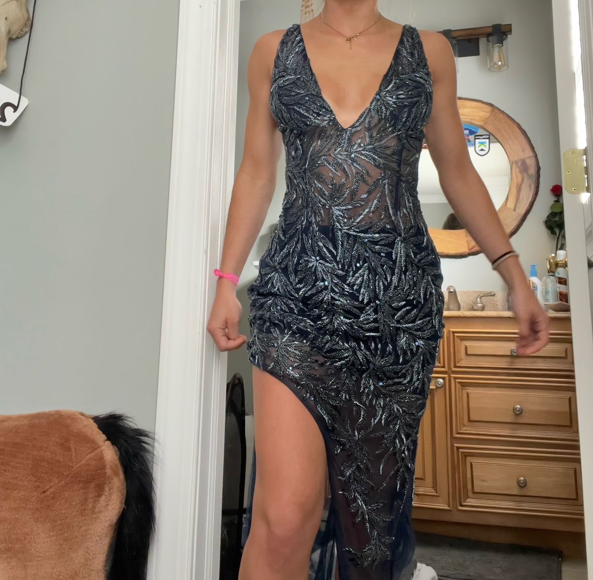 Jovani Size 4 Prom Plunge Sheer Blue Side Slit Dress on Queenly