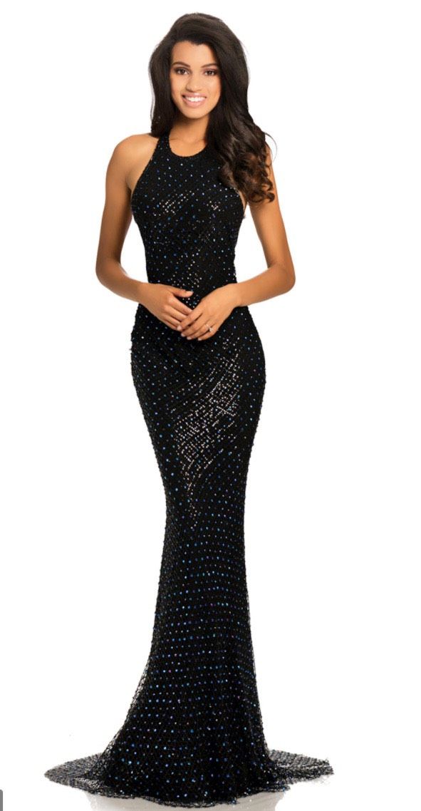 Johnathan Kayne Size 0 Pageant Halter Sequined Navy Black Floor Length Maxi on Queenly