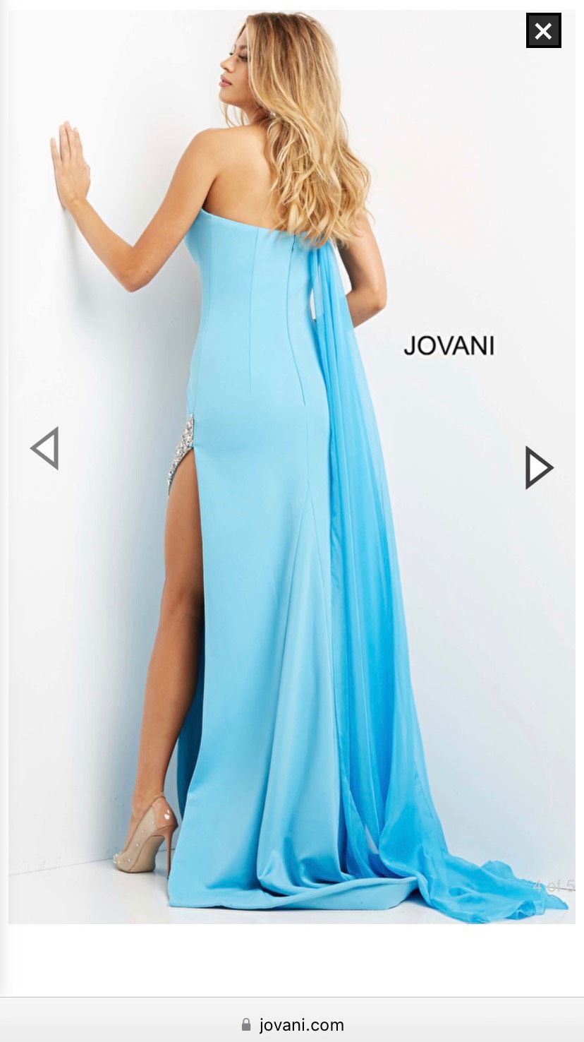 Jovani Size 4 Bridesmaid One Shoulder Satin Light Blue Side Slit Dress on Queenly