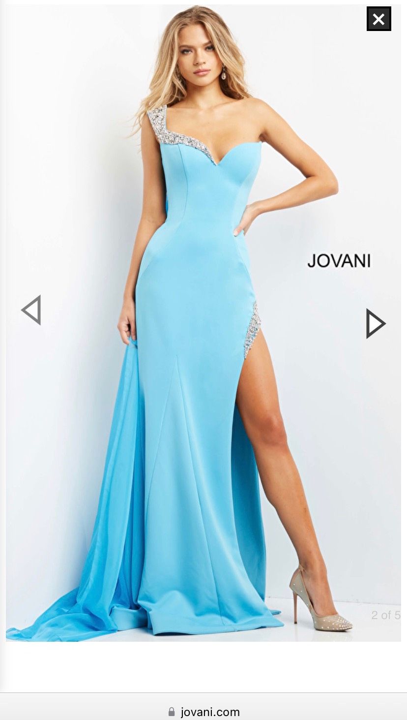 Jovani Size 4 Bridesmaid One Shoulder Satin Light Blue Side Slit Dress on Queenly