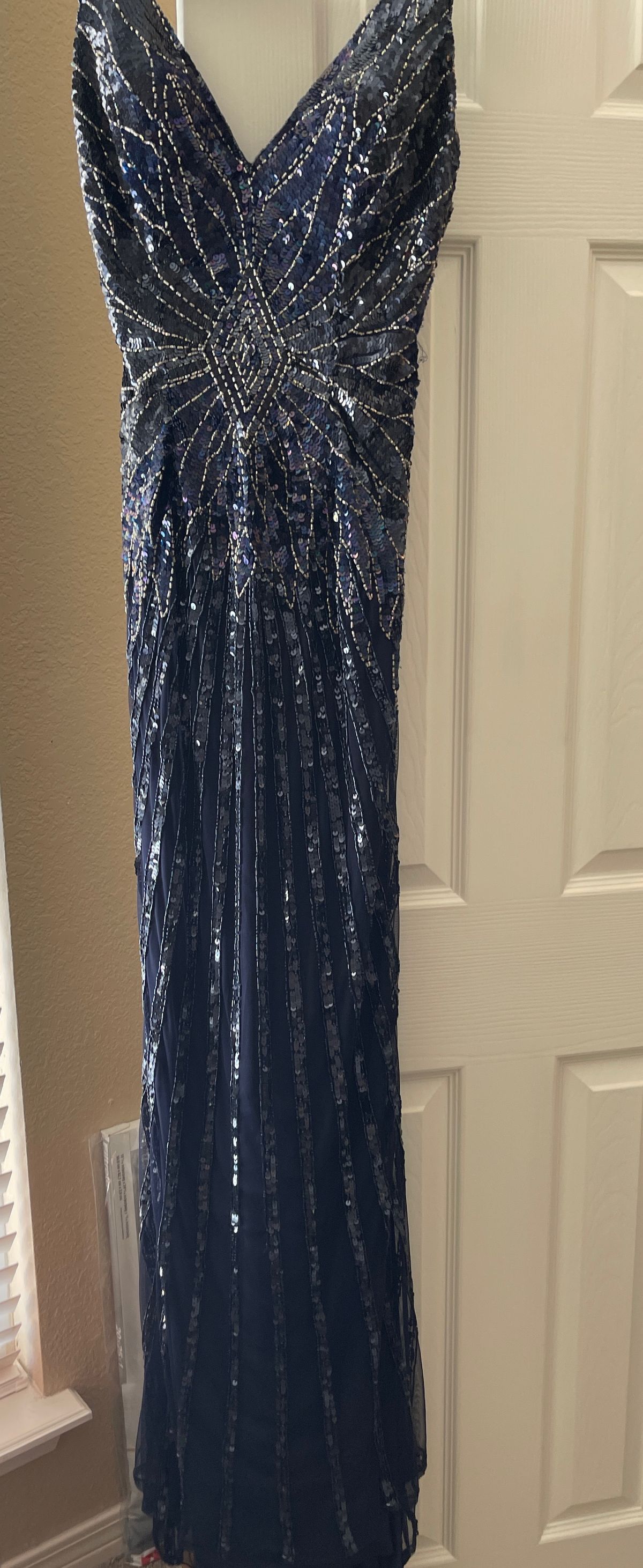 Sherri Hill Size 6 Prom Plunge Sequined Navy Blue Floor Length Maxi on Queenly