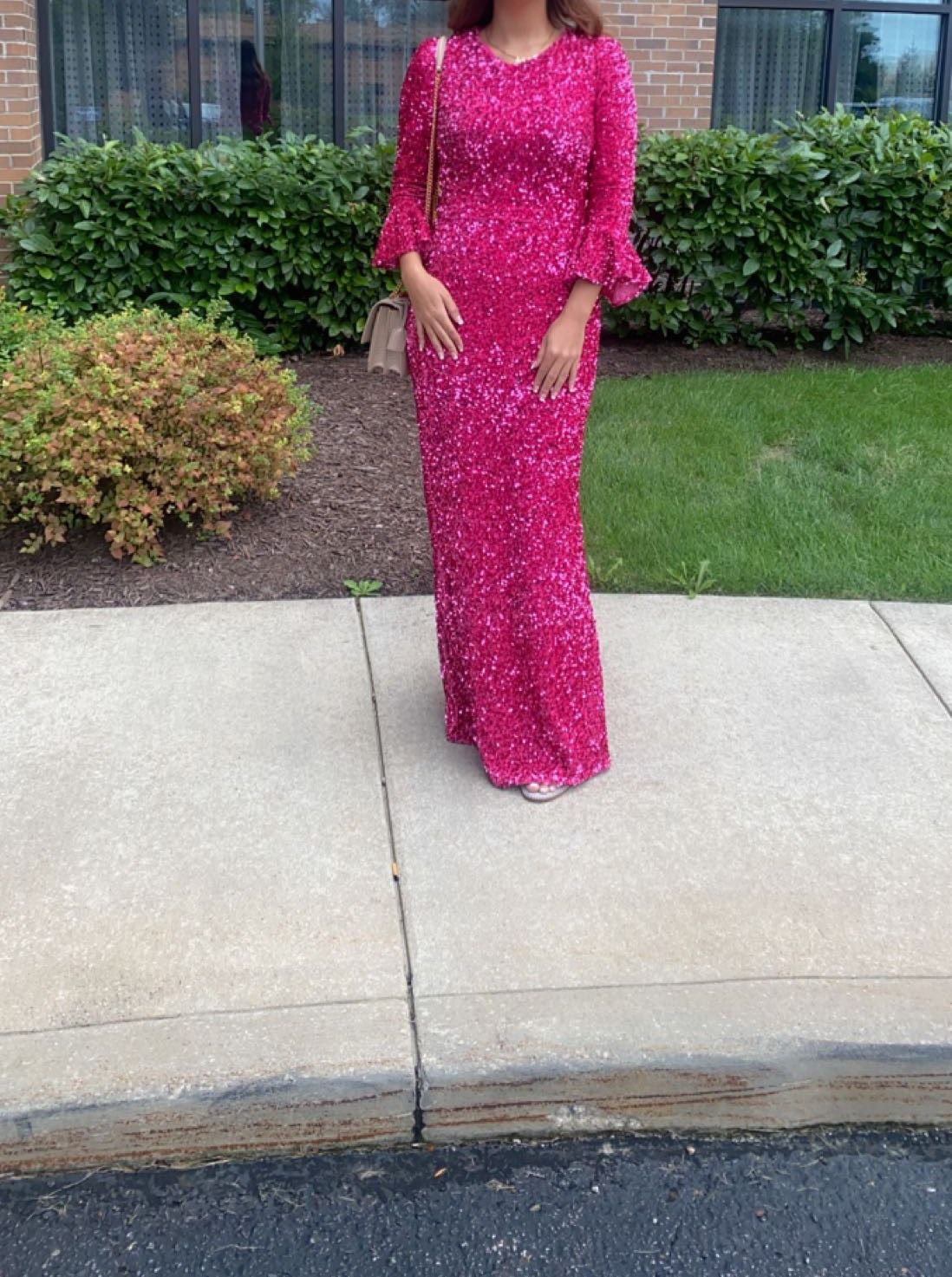 Size 8 Prom Long Sleeve Satin Hot Pink Mermaid Dress on Queenly