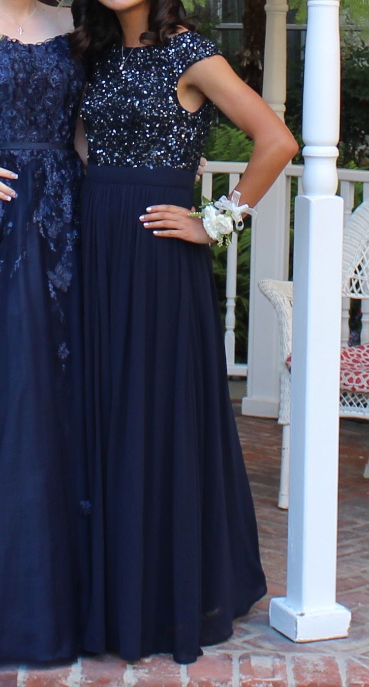 Aidan Maddox Size 2 Prom Sequined Navy Blue Floor Length Maxi on Queenly