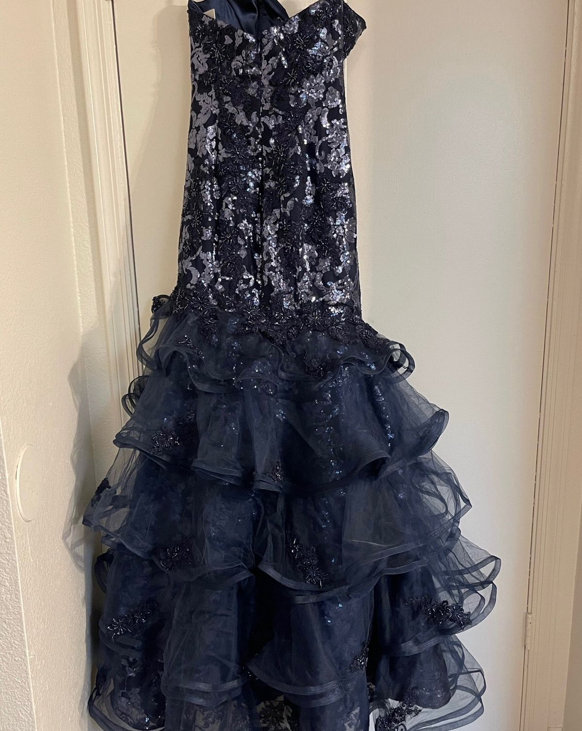 Jovani Size 4 Prom Strapless Sequined Navy Blue Mermaid Dress on Queenly