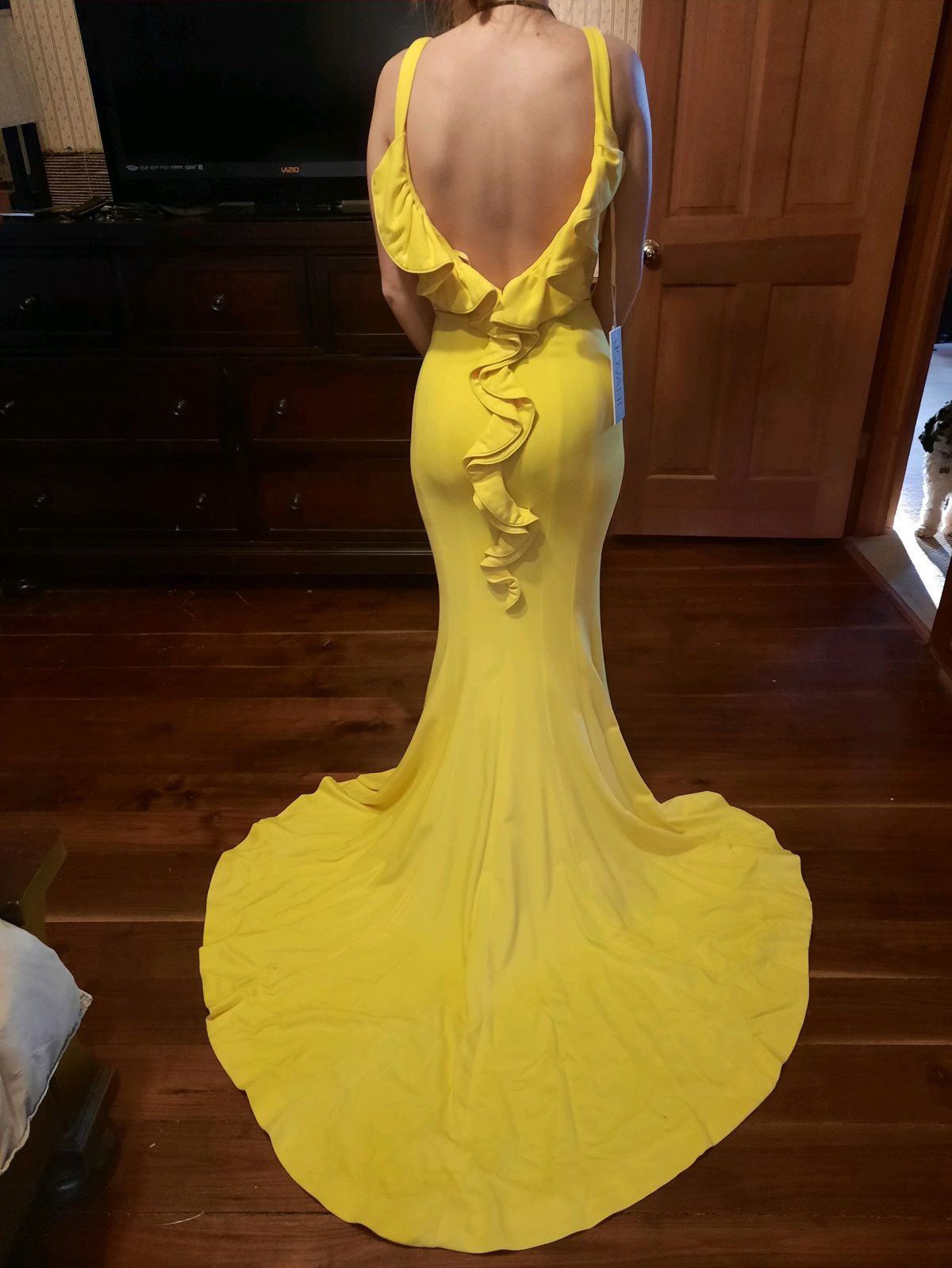 Jovani Size 4 Prom High Neck Yellow Dress With Train on Queenly