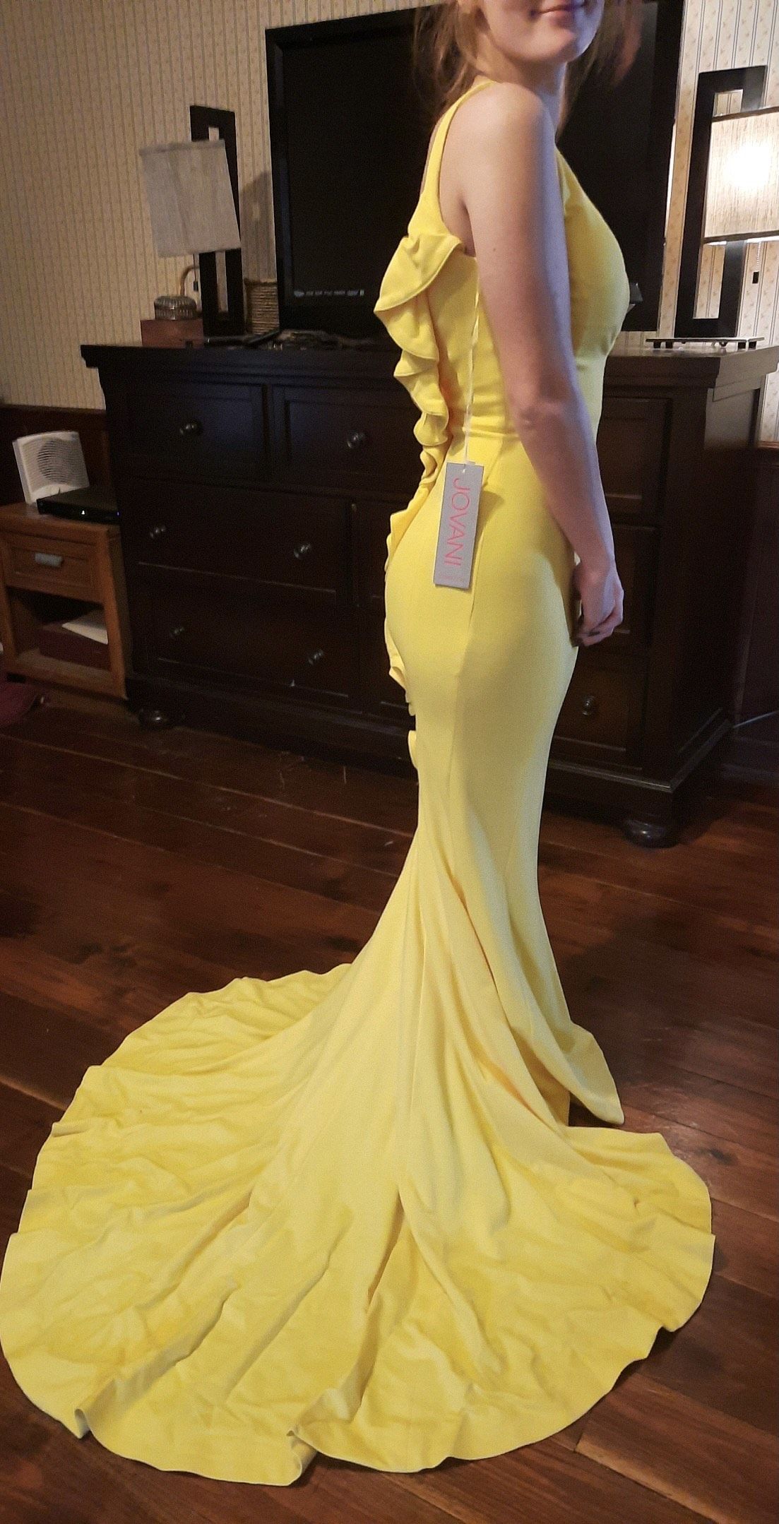 Jovani Size 4 Prom High Neck Yellow Dress With Train on Queenly