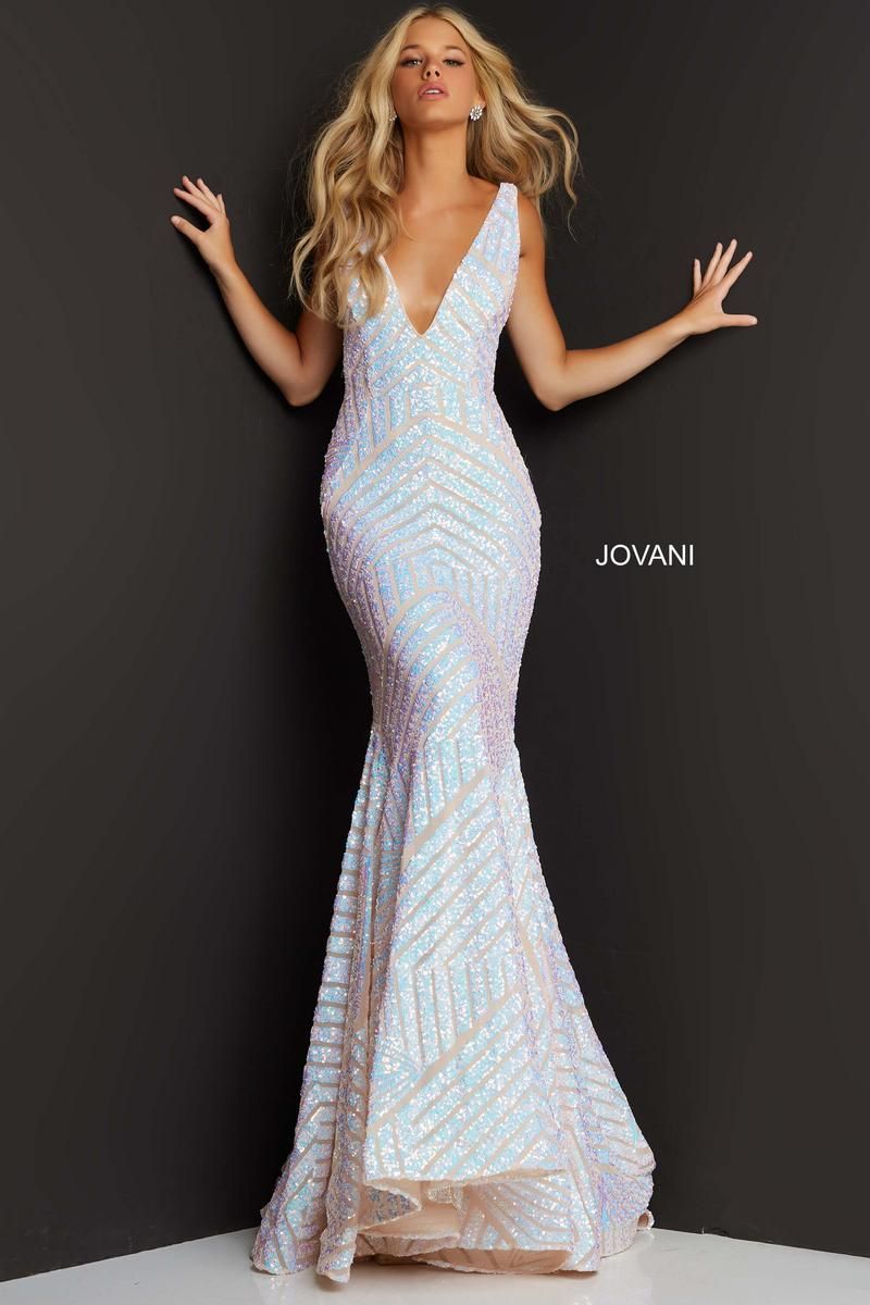 Style 59762 Jovani Size 4 Pageant Sequined White Mermaid Dress on Queenly