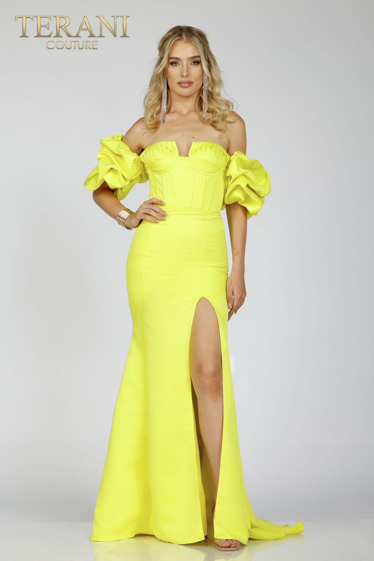 Style 231P0181 Terani Couture Plus Size 16 Satin Yellow Side Slit Dress on Queenly