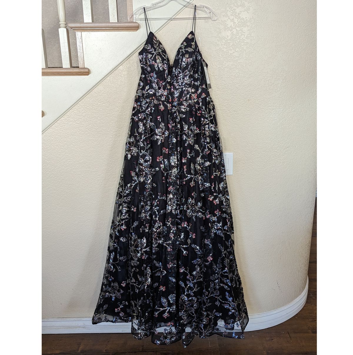 Style Gunmetal & Black Floral Sequined A-line Formal Ball Gown Cinderella Divine Size 14 Plunge Black Ball Gown on Queenly