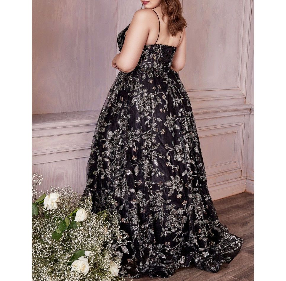 Style Gunmetal & Black Floral Sequined A-line Formal Ball Gown Cinderella Divine Size 14 Plunge Black Ball Gown on Queenly