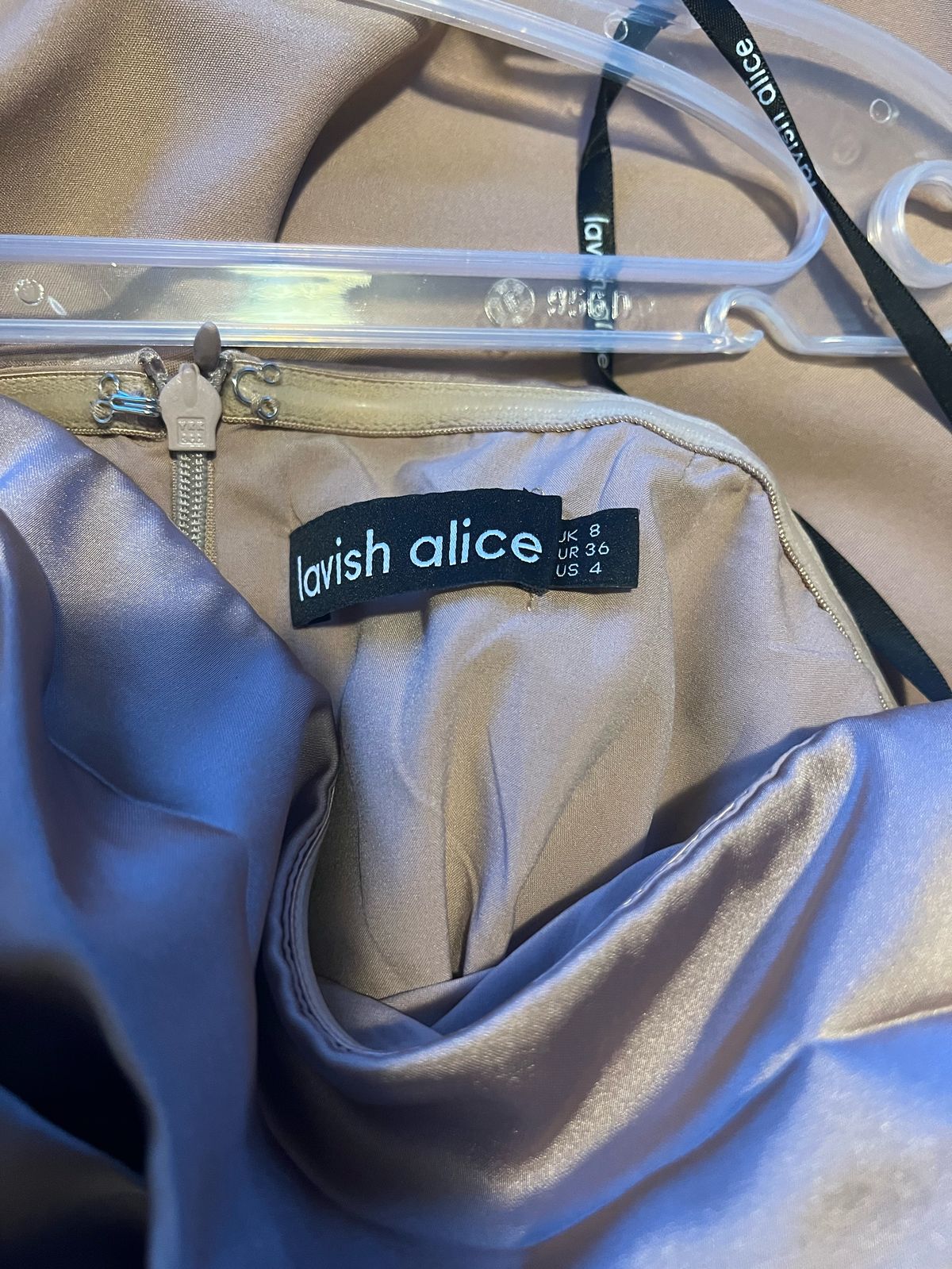 Lavish Alice Size 4 Off The Shoulder Satin Rose Gold Formal Jumpsuit on Queenly
