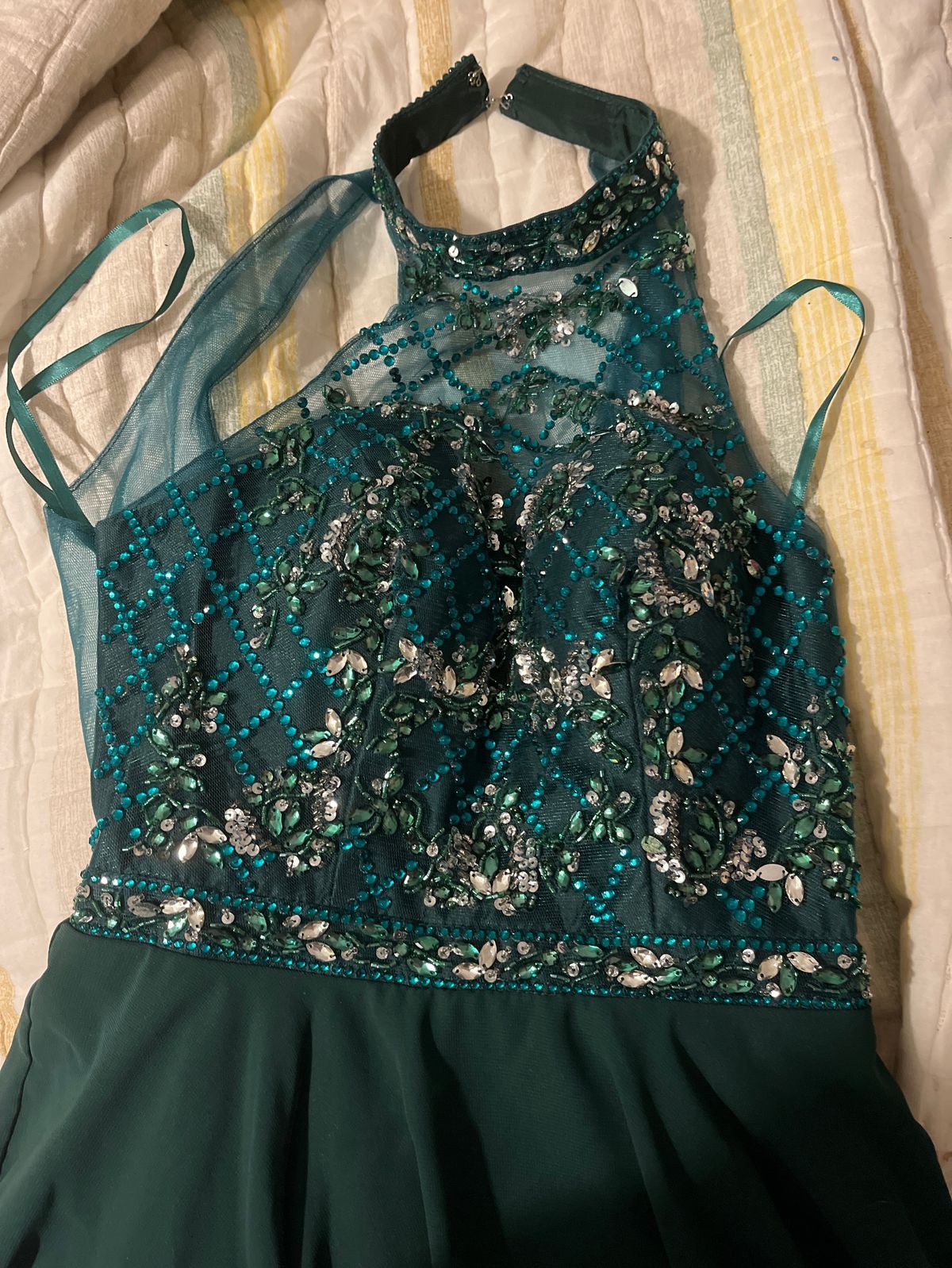 Size 0 High Neck Sequined Turquoise Green A-line Dress on Queenly
