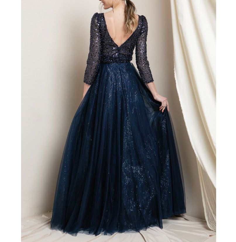 Rosemore Couture Size 6 Wedding Guest Sequined Navy Blue Ball Gown on Queenly