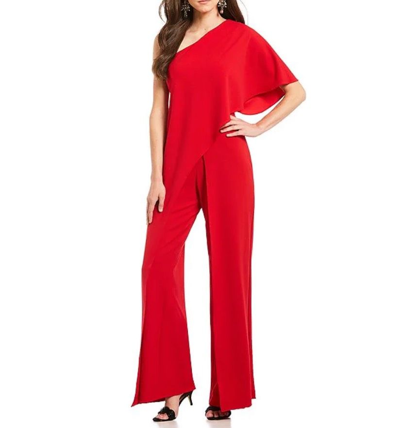 Adrianna Papell Size 2 Pageant One Shoulder Red Formal Jumpsuit on Queenly