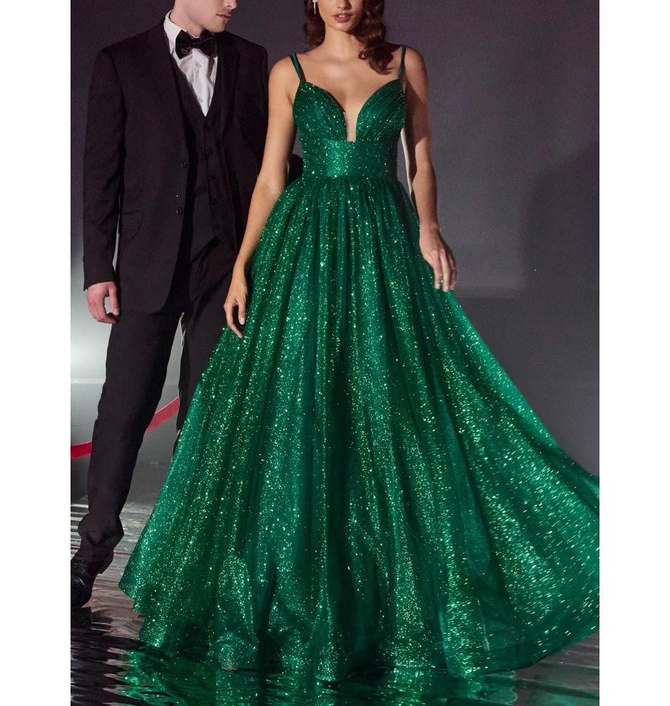 Style Emerald Green Sweetheart Neckline Glitter A-line Ball Gown Cinderella Divine Size 8 Sheer Green Ball Gown on Queenly