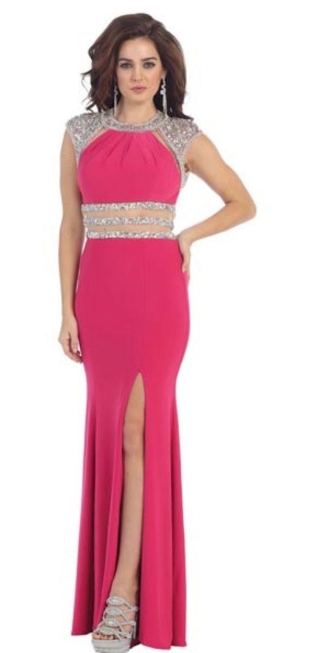 Size 6 Prom Cap Sleeve Sequined Hot Pink Side Slit Dress on Queenly