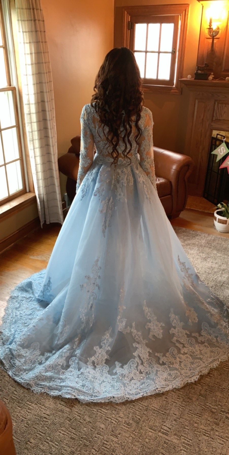 Sherri Hill Size 4 Prom Long Sleeve Lace Light Blue Dress With Train on Queenly