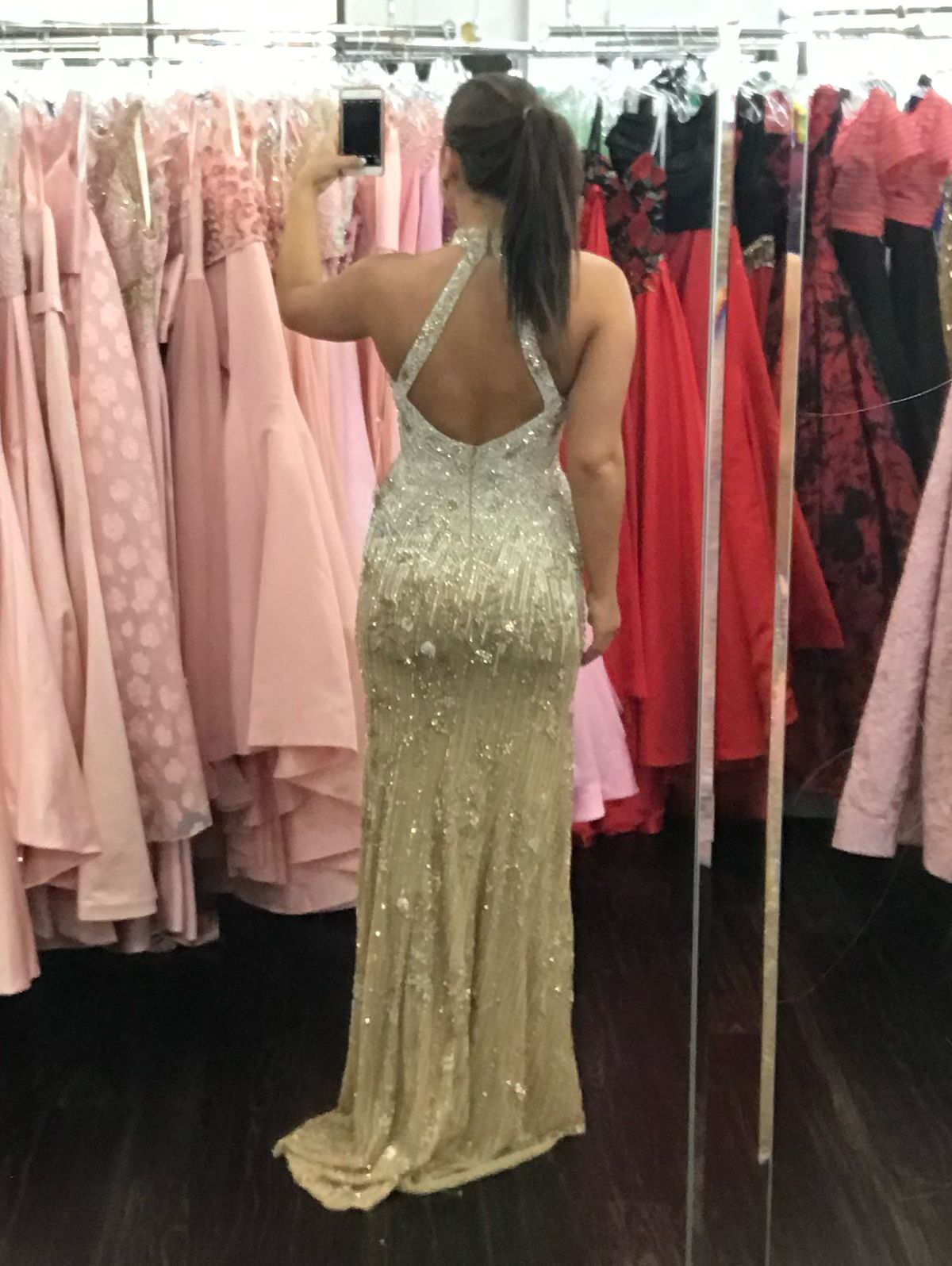 Sherri Hill Size 6 Prom High Neck Sequined Nude Side Slit Dress on Queenly