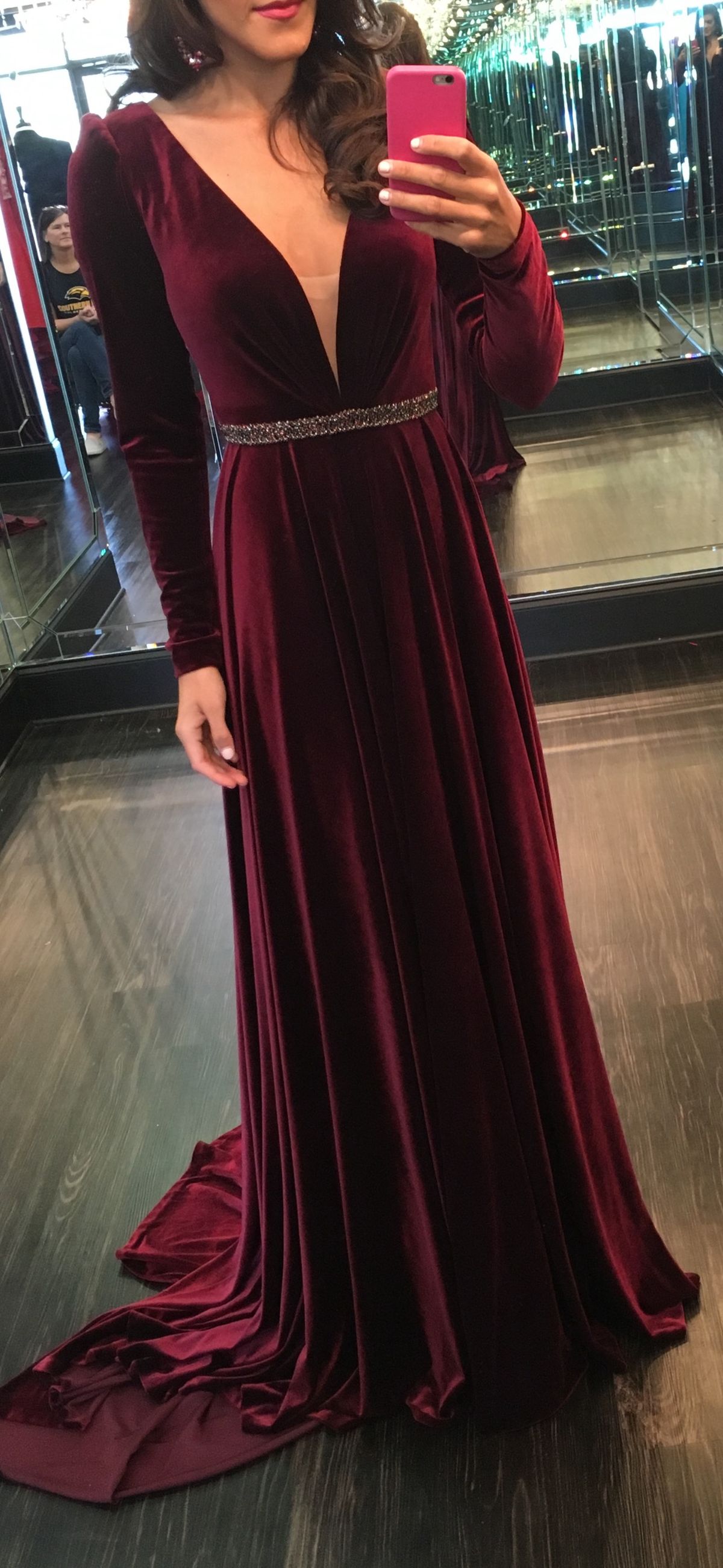 Sherri Hill Size 6 Long Sleeve Velvet Burgundy Red Side Slit Dress on Queenly