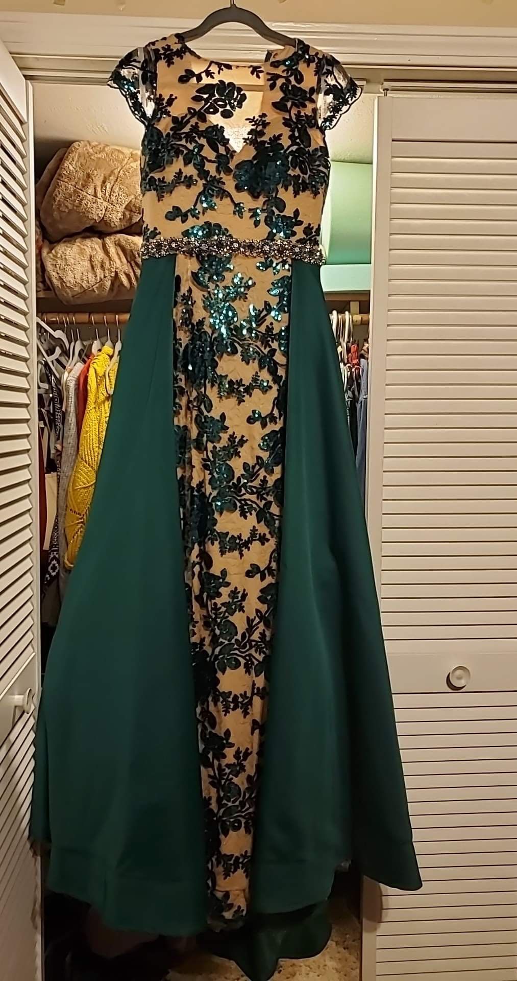 Size 10 Pageant Cap Sleeve Floral Emerald Green Dress With Train on Queenly