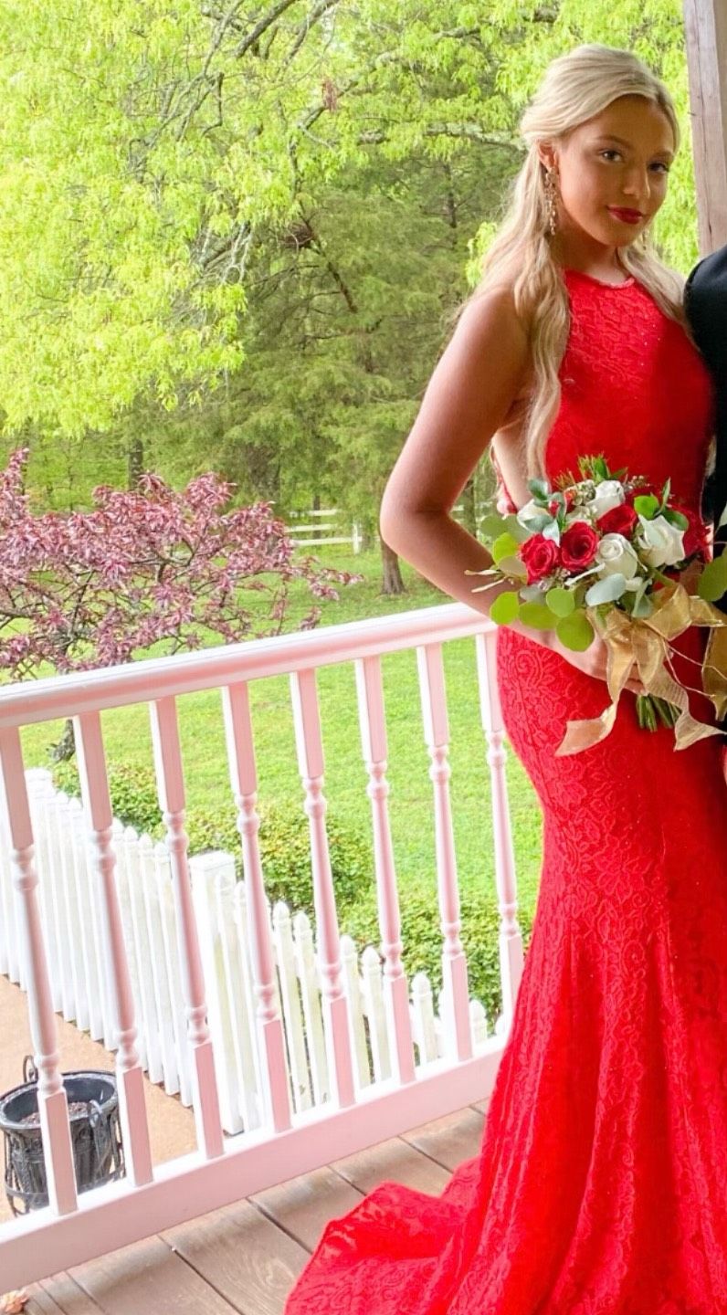 Sherri Hill Size 6 Prom High Neck Lace Red Floor Length Maxi on Queenly