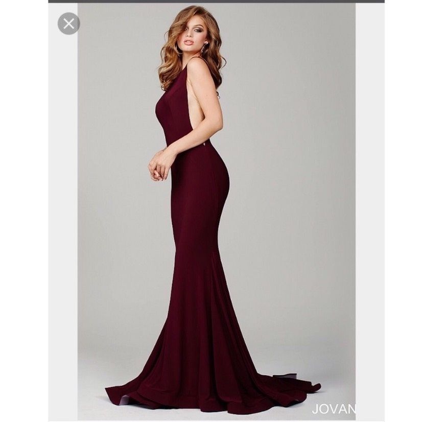 Jovani Size 12 Bridesmaid High Neck Burgundy Red Mermaid Dress on Queenly