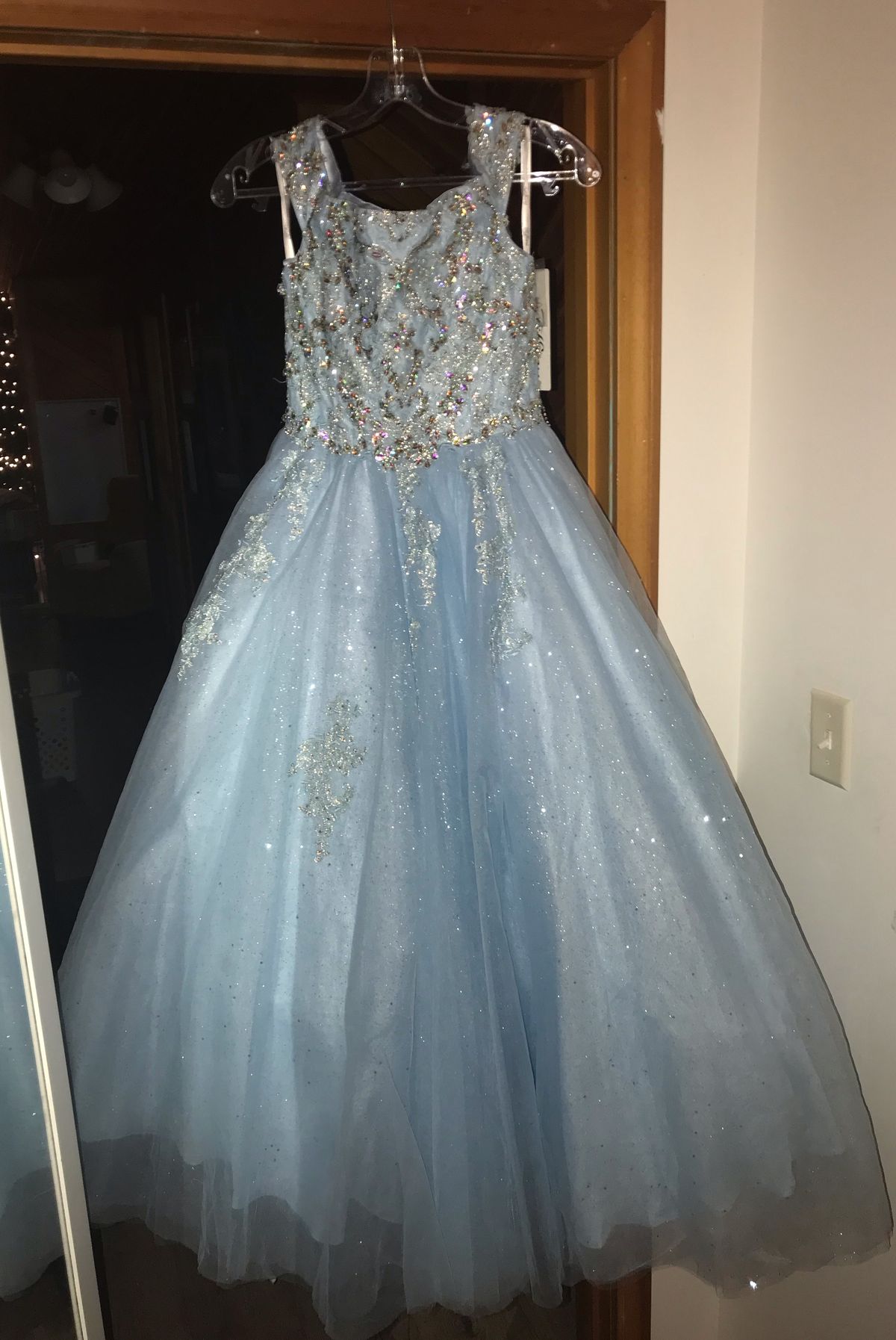 Tiffany Designs Girls Size 8 Pageant Off The Shoulder Blue Ball Gown on Queenly
