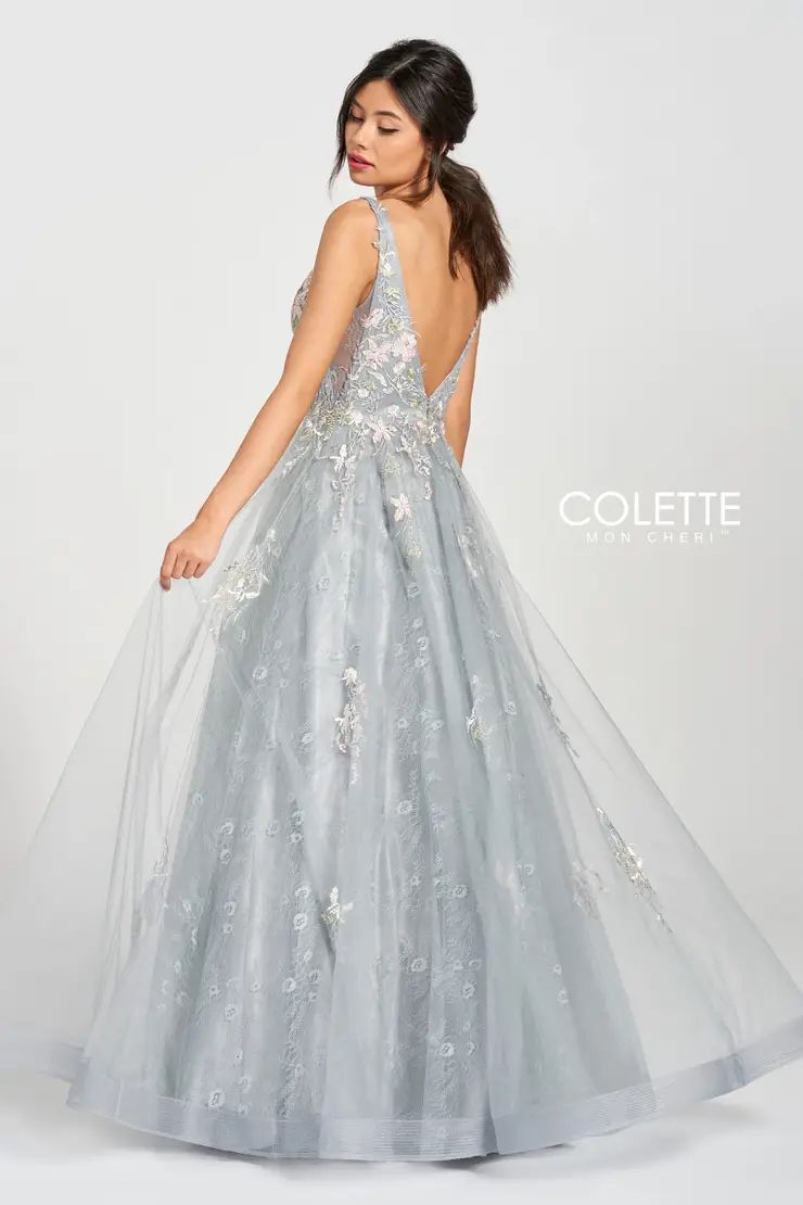 Style CL12213 Colette By Mon Cheri Size 4 Pageant Plunge Lace Silver A-line Dress on Queenly