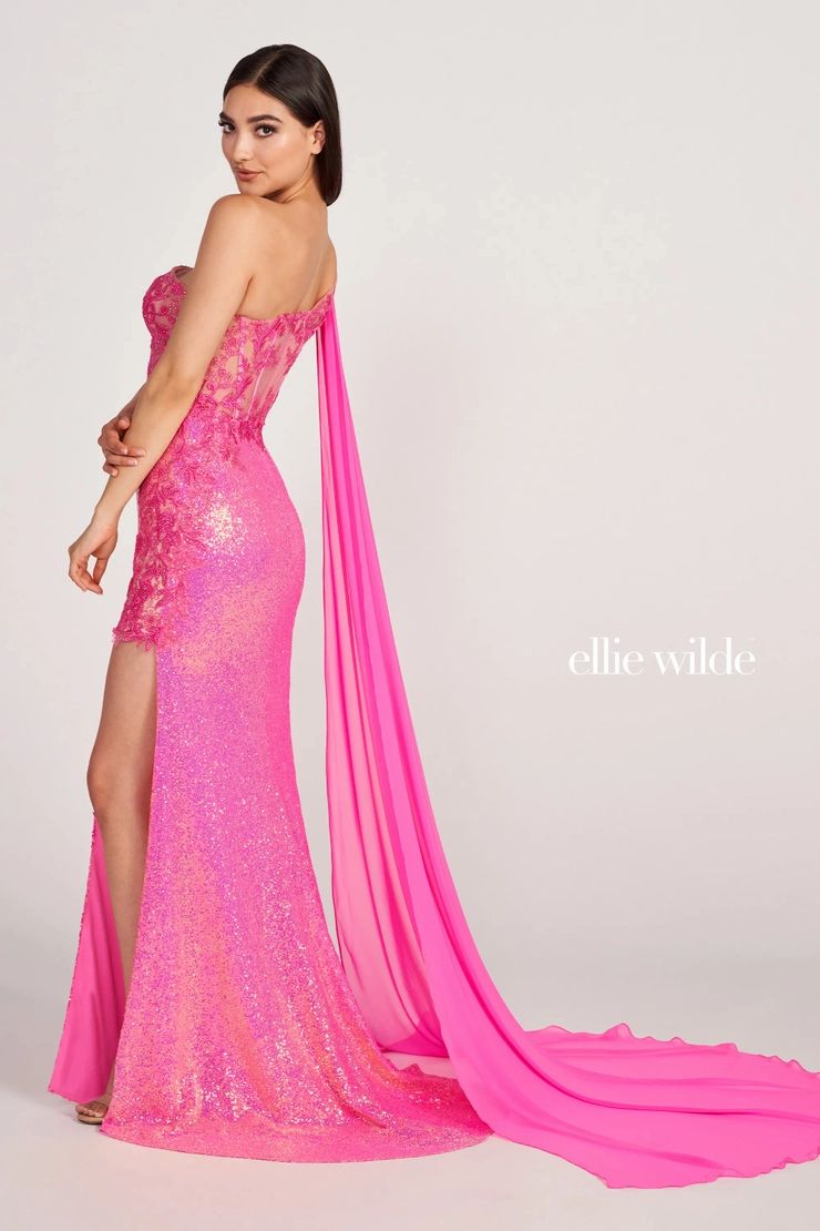 Style EW34020 Ellie Wilde By Mon Cheri Size 0 Pageant One Shoulder Hot Pink Side Slit Dress on Queenly