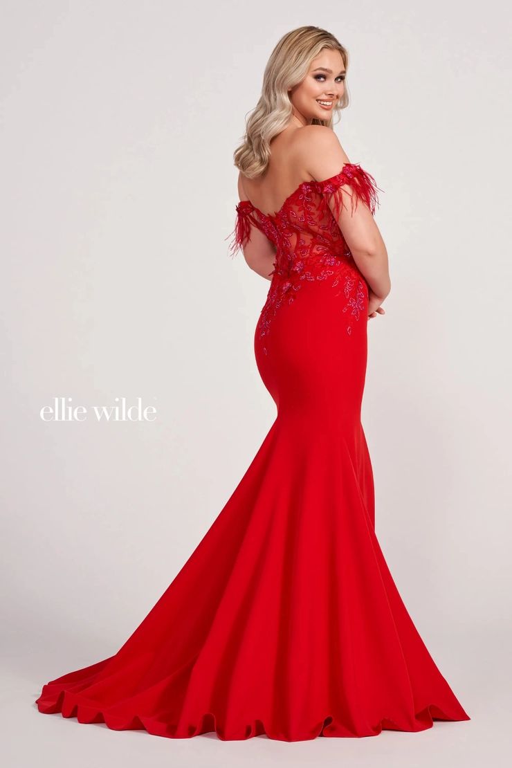Style EW34028 Ellie Wilde By Mon Cheri Size 0 Pageant Off The Shoulder Navy Blue Side Slit Dress on Queenly