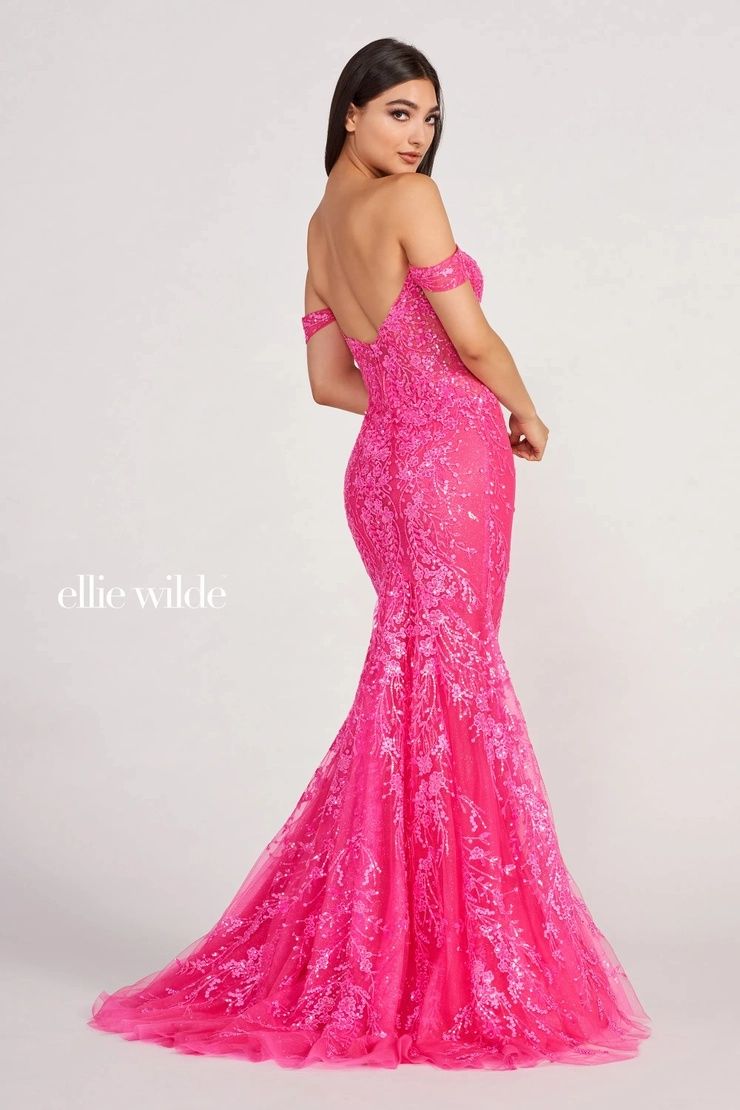 Style EW34007 Ellie Wilde By Mon Cheri Size 0 Pageant Off The Shoulder Sequined Pink Mermaid Dress on Queenly