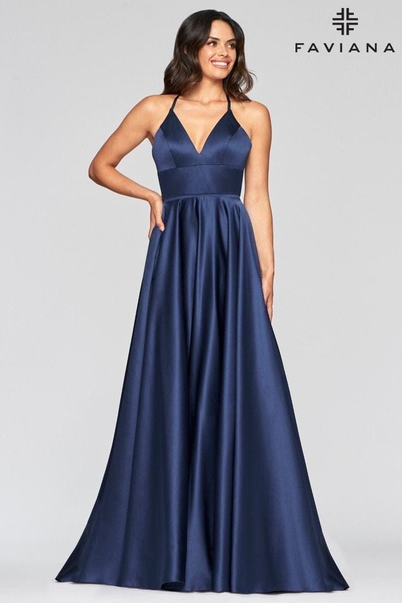 Style S10252 Faviana Size 10 Satin Navy Blue A-line Dress on Queenly