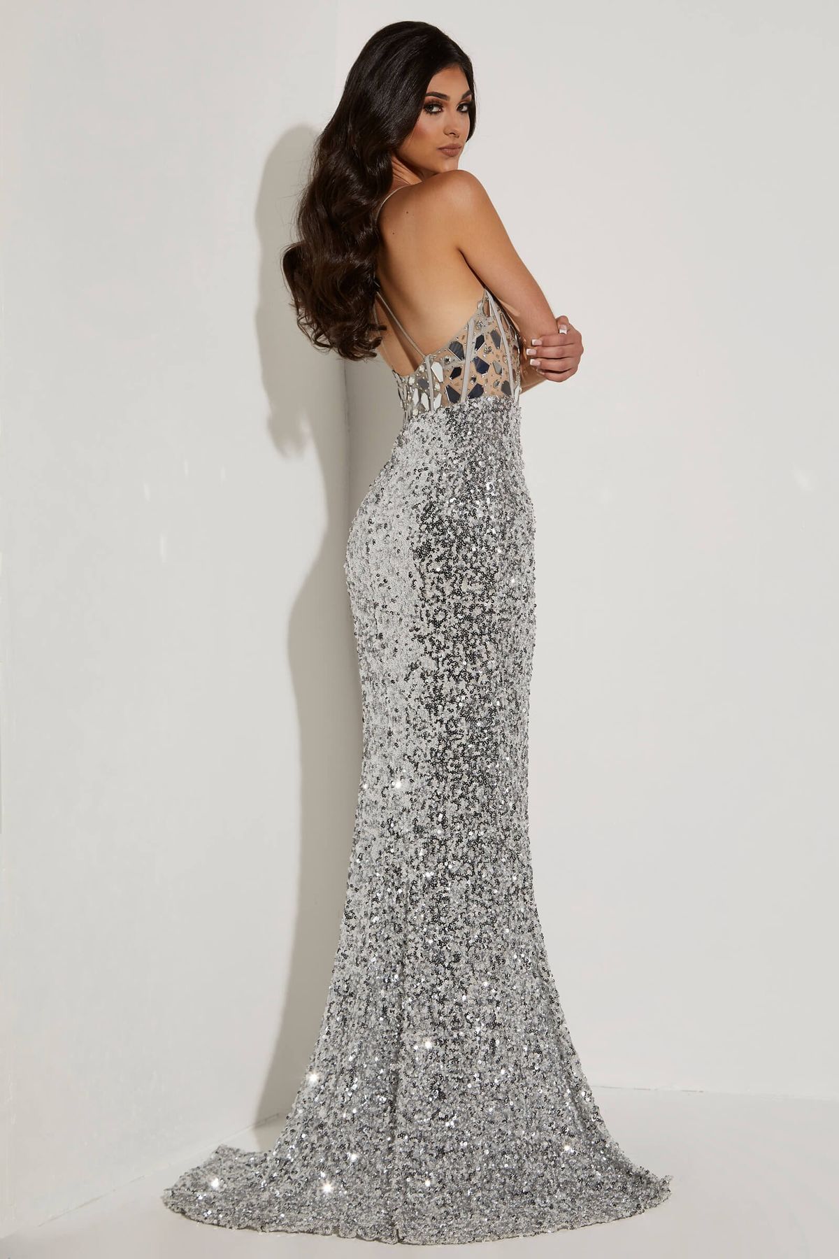 Style 7413 Jasz Couture Size 0 Pageant Sequined Silver Side Slit Dress on Queenly