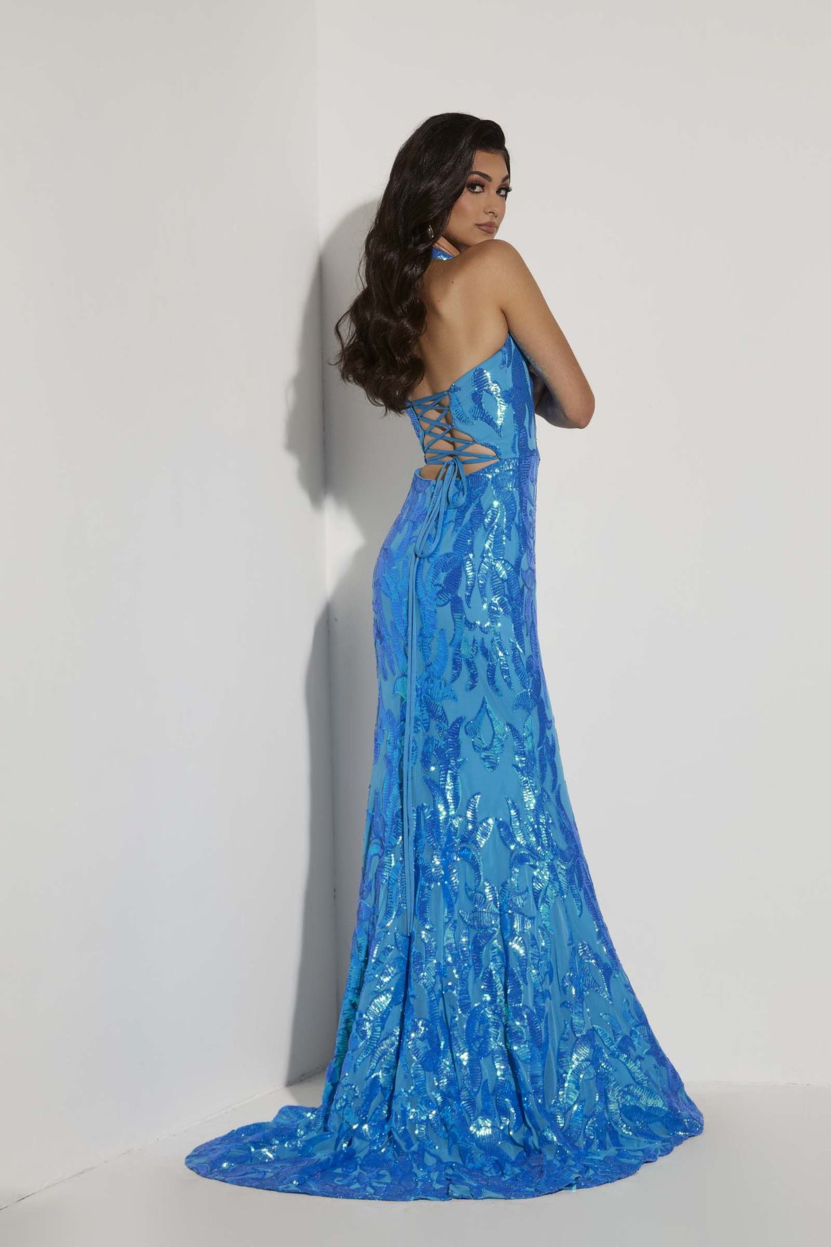 Style 7437 Jasz Couture Size 4 Pageant Sequined Blue Side Slit Dress on Queenly